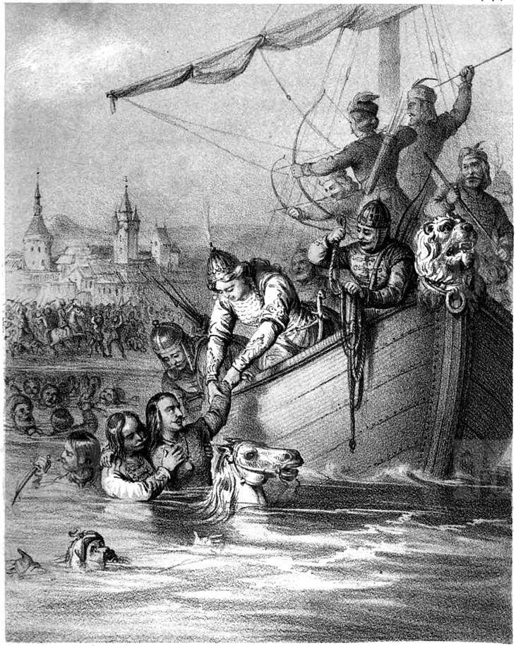 Romantizujúca grafika zachytávajúca grófku Cecíliu pri záchrane kráľa Žigmunda Luxemburského